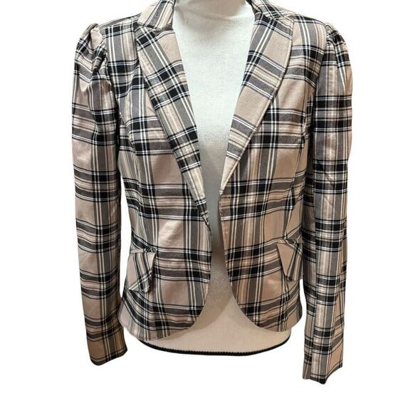 Rachel Zoe Plaid Blazer Boho Preppy Boxy Tan Black Cropped 1 Button Lined Small - Picture 1 of 9